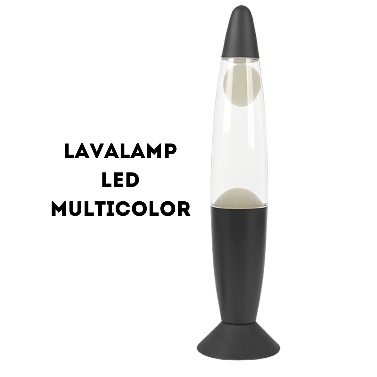 Lavalamp con base e tappo nero, liquido trasparente e led che cambia colore.
Sfondo bianco