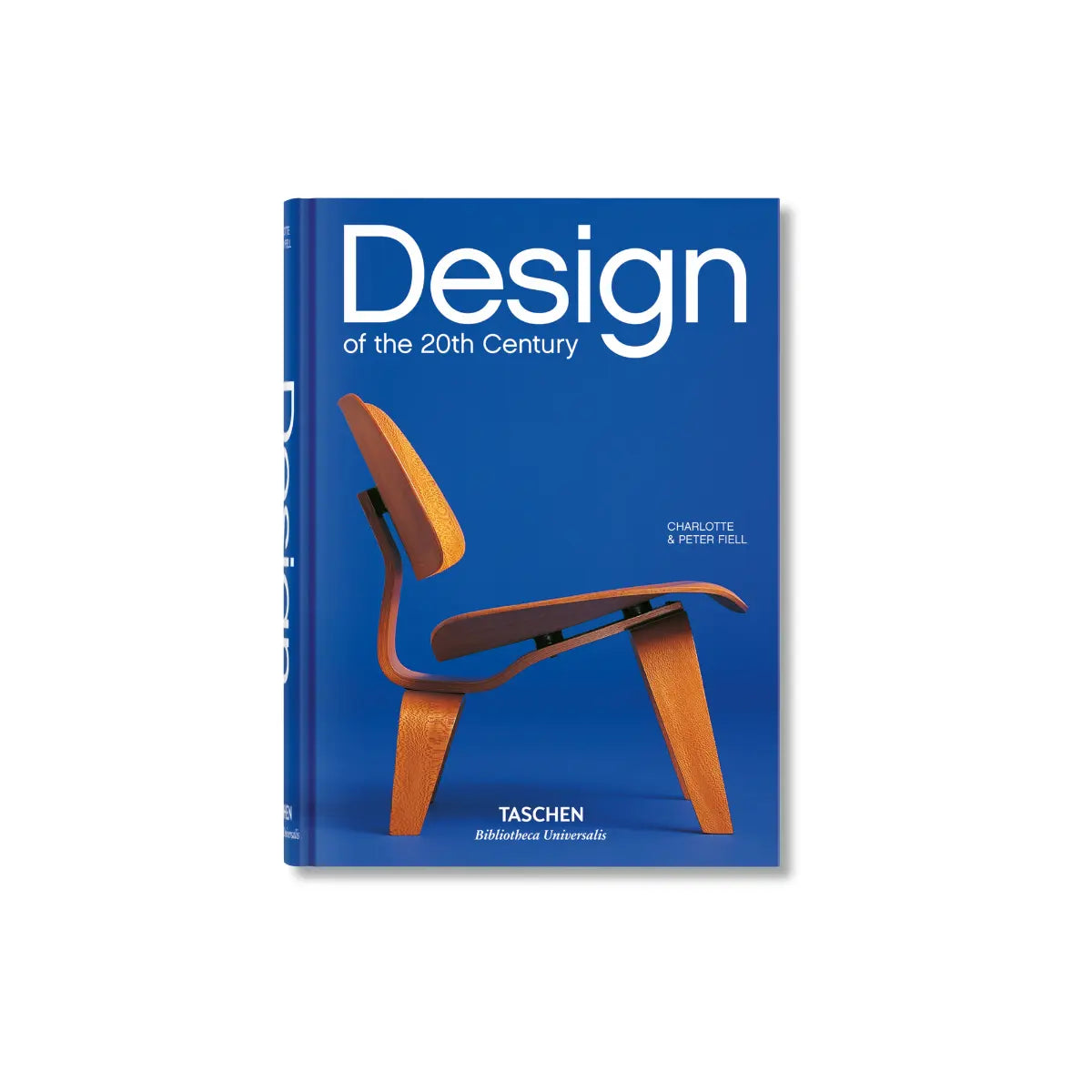 Libro Design of the 20th Century con copertina blu, scritte bianche e sedia di legno rappresentata.