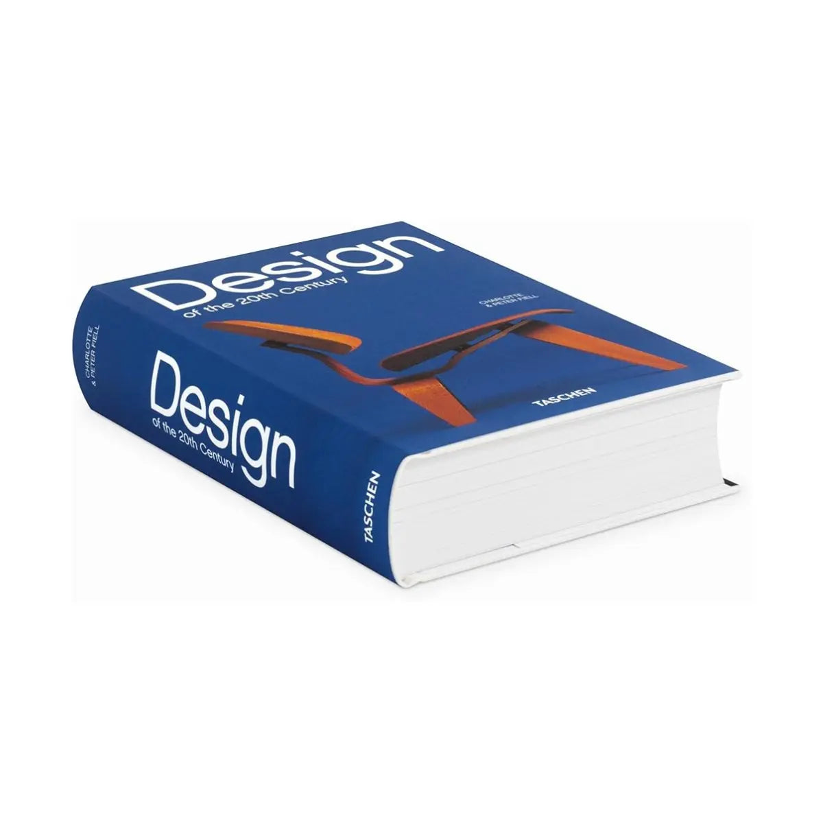 Vista laterale del libro Design of the 20th Century con copertina blu, scritte bianche e sedia di legno rappresentata.