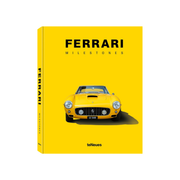 Copertina libro gialla rigida con scritta  Ferrari Milestones e immagine Ferrari gialla.