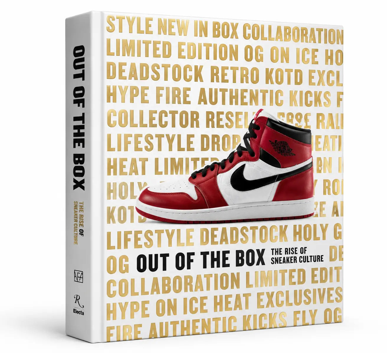 Copertina libro con immagine Sneaker nike scritte dorate e nere. Sfondo bianco