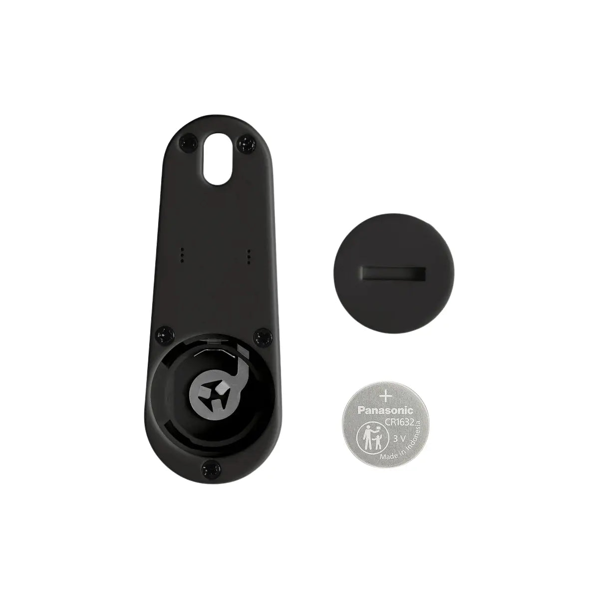Interno e componenti del localizzatore bluetooth nero di Orbitkey. Sfondo bianco 