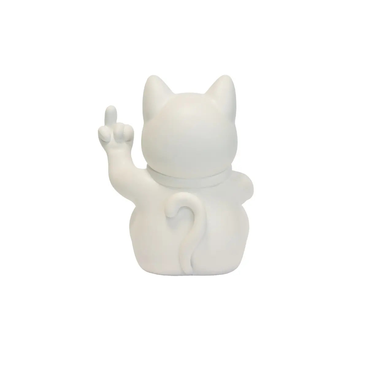 Statuina di Maneki Neko o lucky cat bianco opaco moderna e anticonvezionale vista da dietro