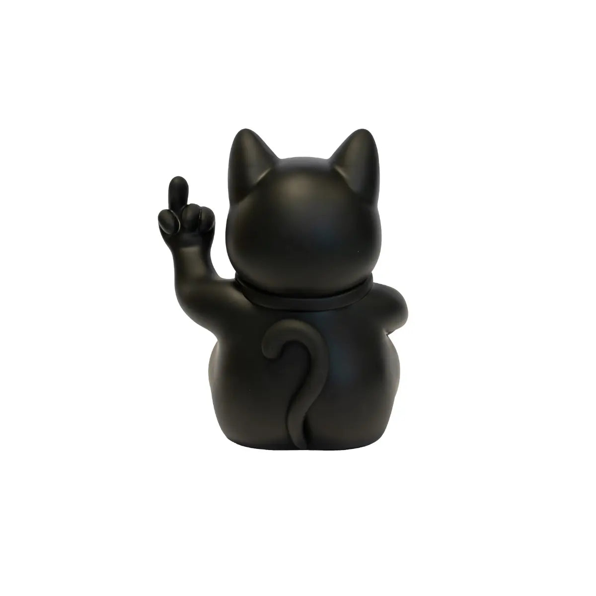 Statuina di Maneki Neko o lucky cat nero opaco moderna e anticonvezionale vista da dietro