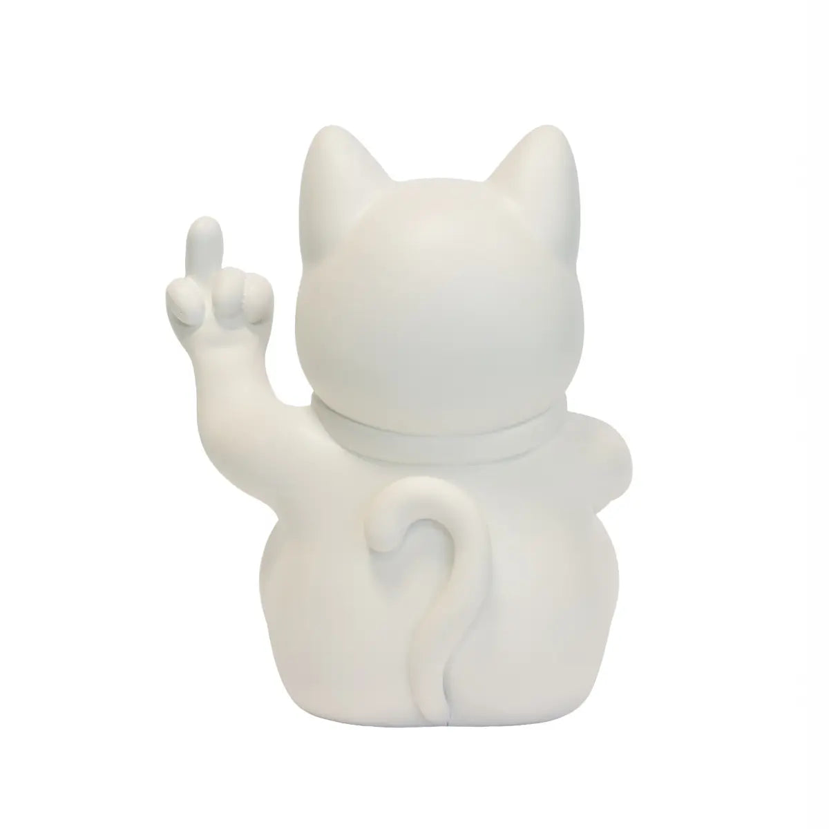 Statuina di Maneki Neko o lucky cat bianco opaco moderna e anticonvezionale vista da dietro