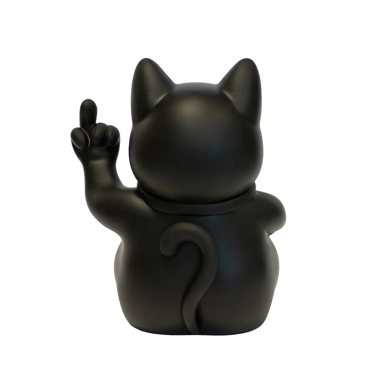 Statuina di Maneki Neko o lucky cat nero opaco moderna e anticonvezionale vista da dietro