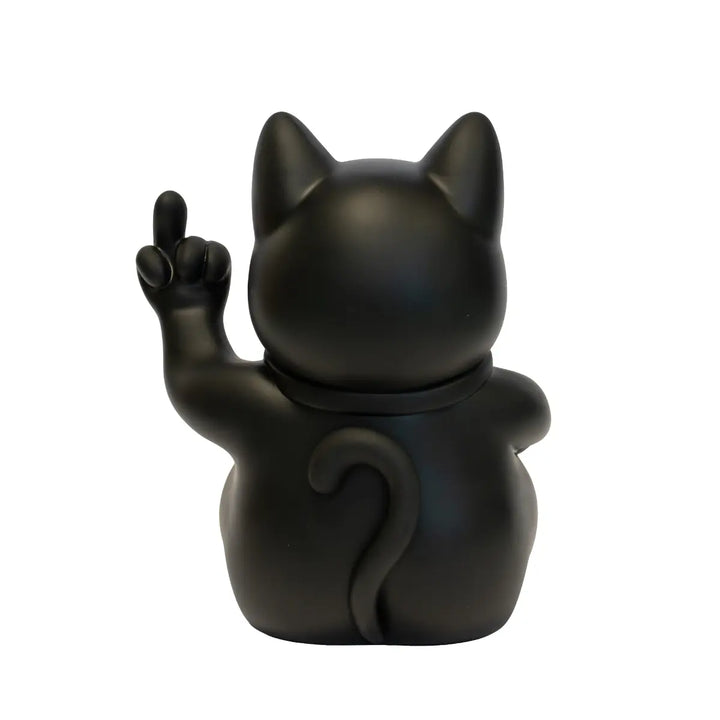 Statuina di Maneki Neko o lucky cat nero opaco moderna e anticonvezionale vista da dietro