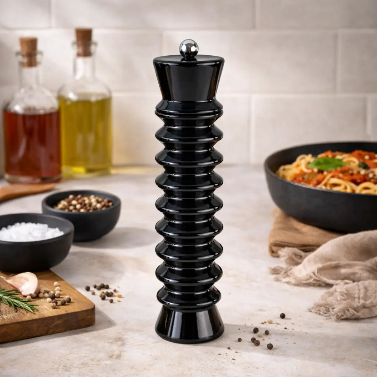 macina sale e pepe in legno laccato nero appoggiato su una piano cucina