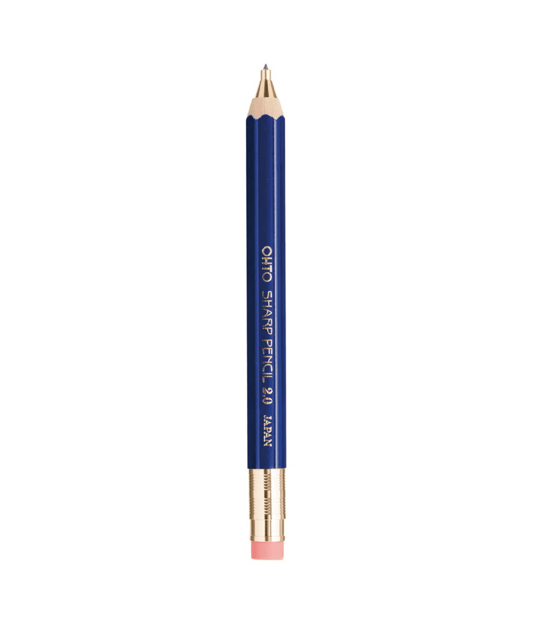 Matitone blu con gomma e mina grigia. Scritta Ohto, Japan, 2.0, Sharp Pencil. Sfondo bianco.