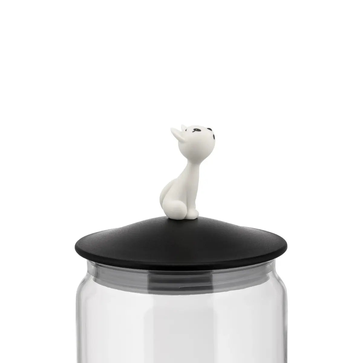Contenitore per snack gatto con coperchio nero e manopola a forma di gatto bianco dettaglio
