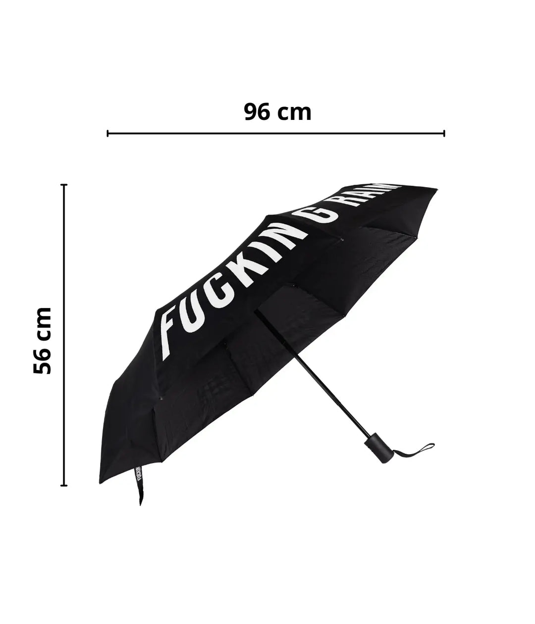 Ombrello nero con scritta bianca Fucking Rain . Misure h 56 L 96 cm. Sfondo bianco