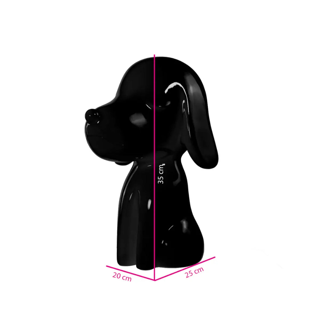 Statua nera a forma di cane, con occhi naso e bocca. Altezza profondità e larghezza. Sfondo bianco