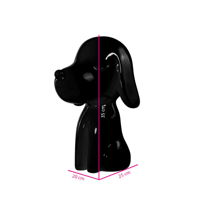 Statua nera a forma di cane, con occhi naso e bocca. Altezza profondità e larghezza. Sfondo bianco