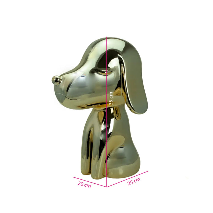 Statua oro a forma di cane, con occhi naso e bocca. Altezza profondità e larghezza. Sfondo bianco
