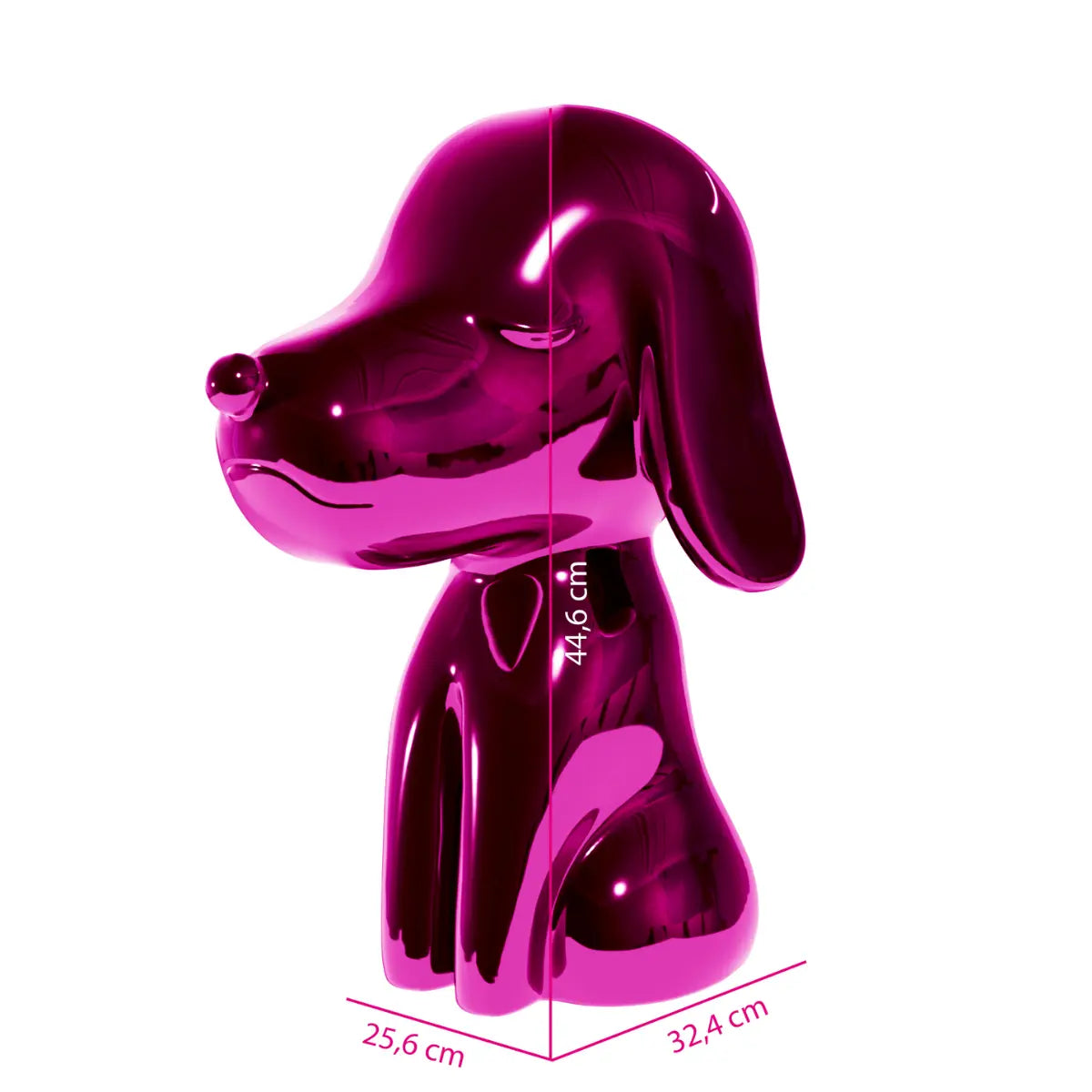 Statua fuxia a forma di cane, con occhi naso e bocca. Altezza profondità e larghezza. Sfondo bianco