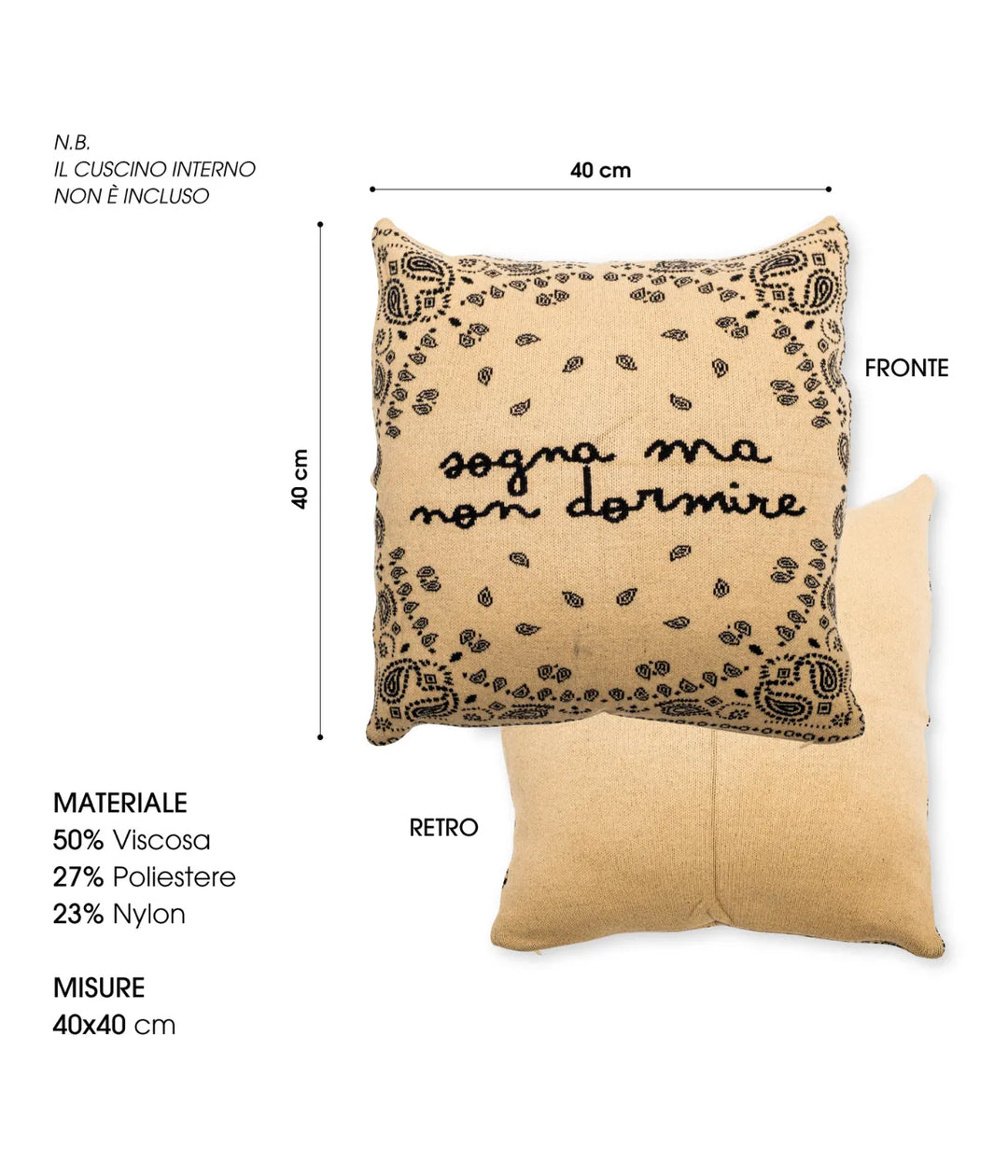Federa beige scritta nera sogna ma non dormire. Fronte retro, 40x40cm. Lista materiali. Fondo bianco