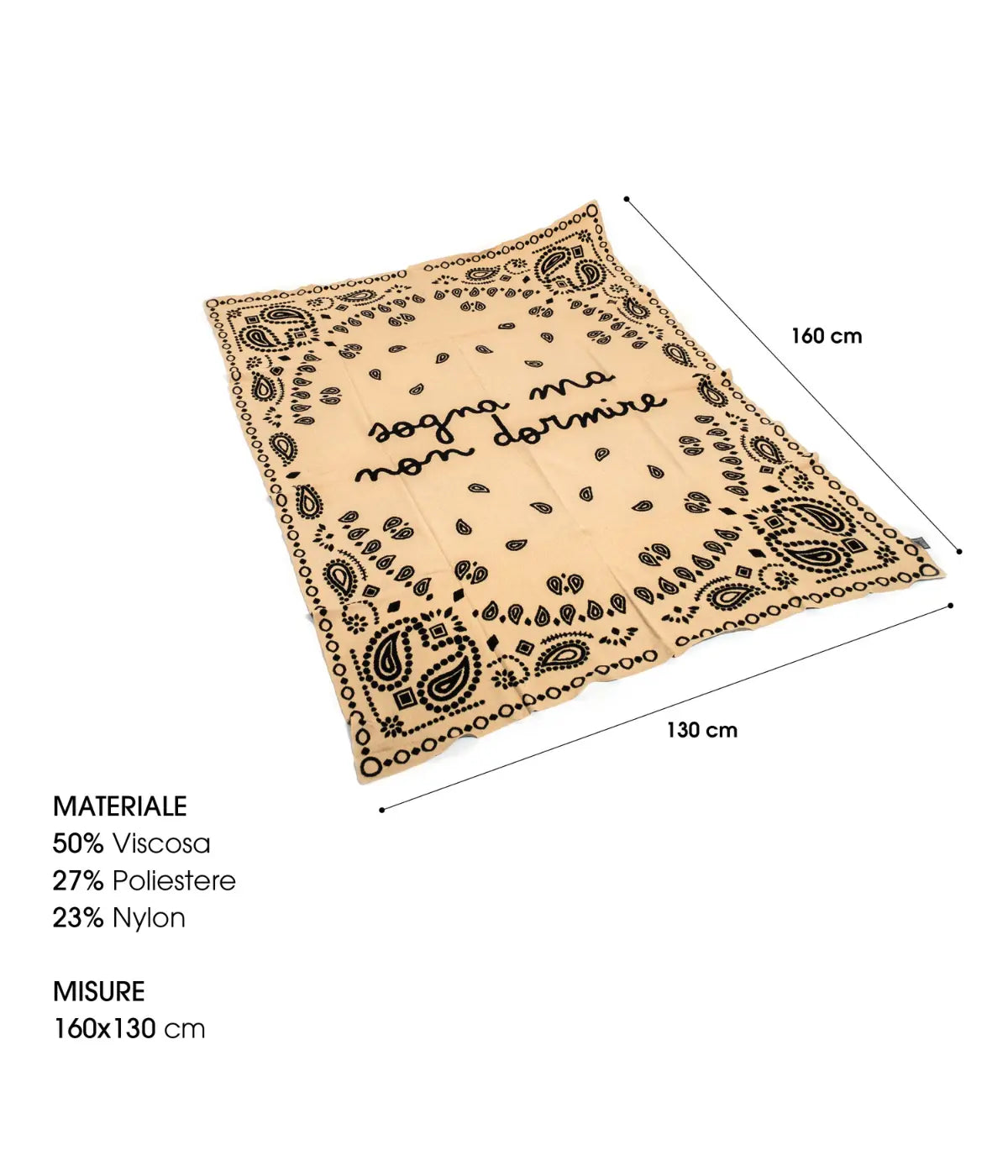 Plaid beige scritta nera sogna ma non dormire. L 130 h 160. Leggenda con i materiali. Sfondo bianco