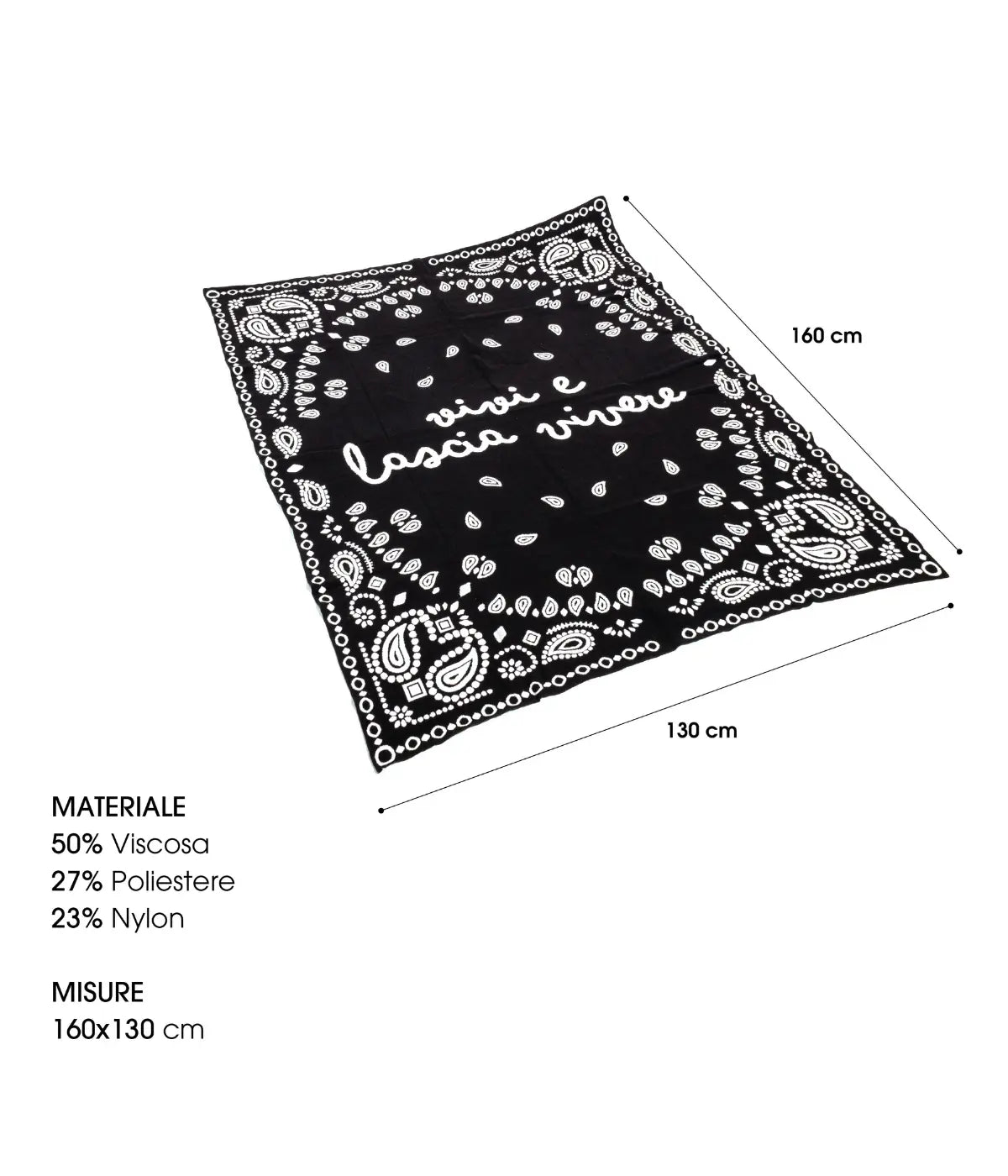 Plaid nero scritta nera vivi e lascia vivere. L 130 h 160. Leggenda con i materiali. Sfondo bianco