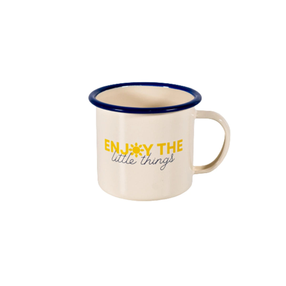 tazza in latta smaltata con scritta gialla enjoy the little things.
