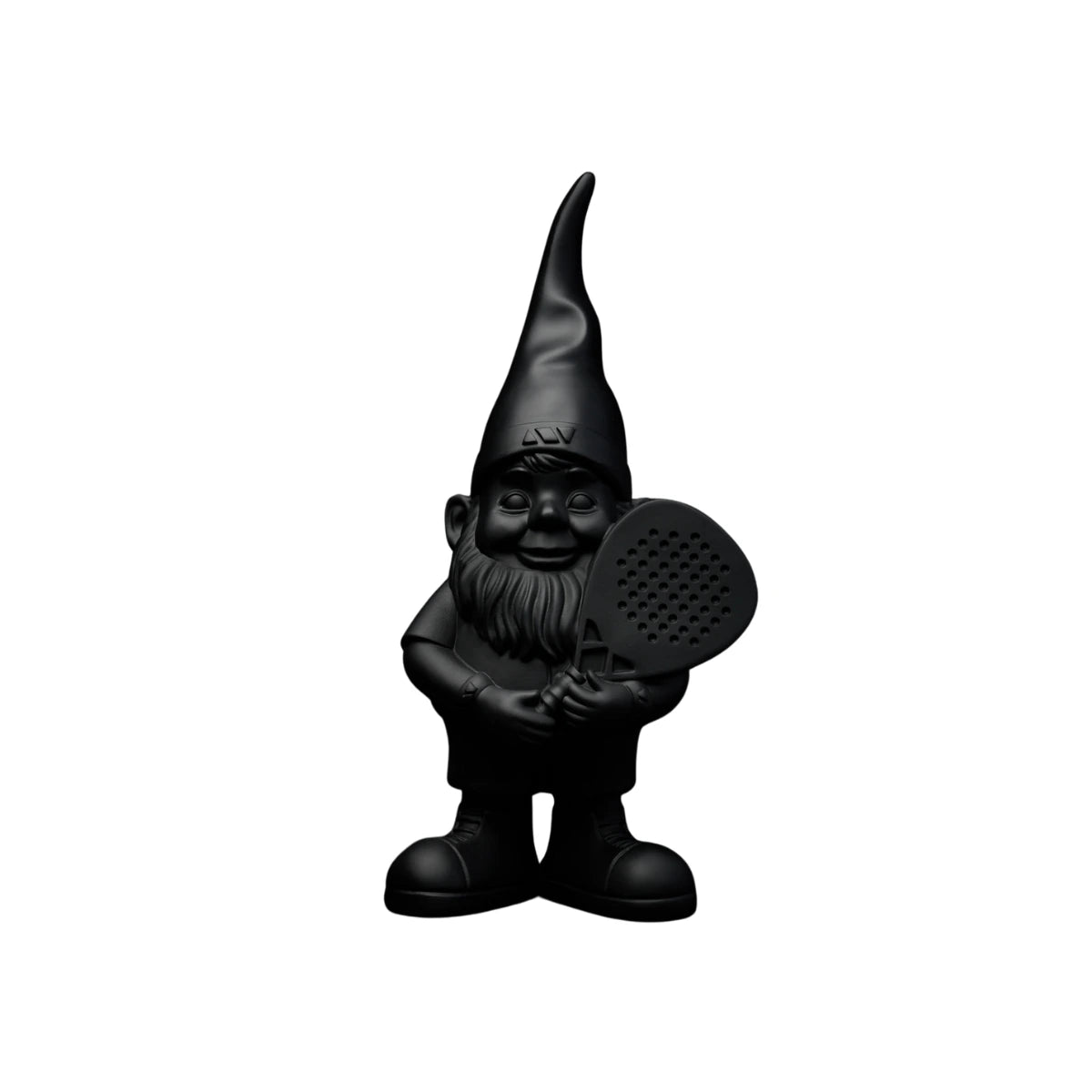 Nano nero con racchetta da padel. Immagine su sfondo bianco