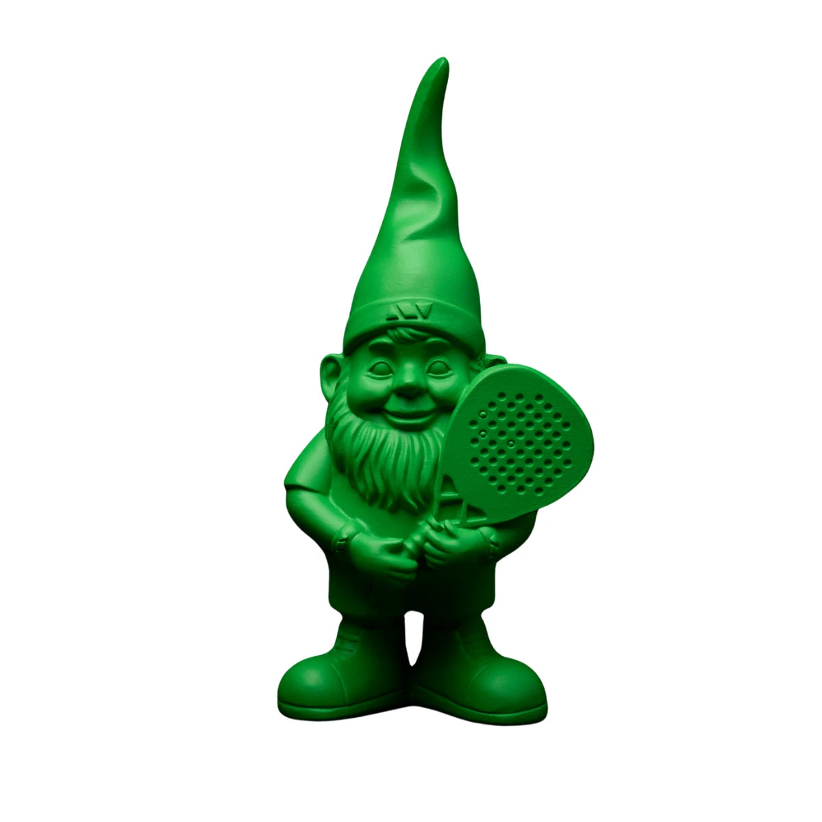 Nano verde con racchetta da padel. Immagine su sfondo bianco