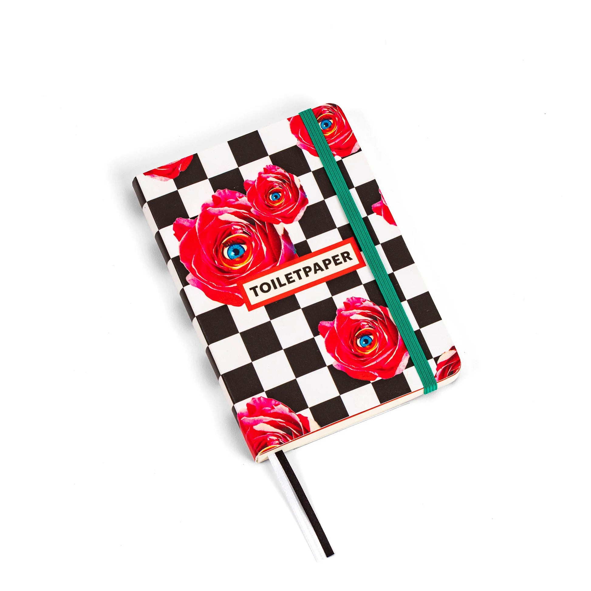 Copertina del notebook Roses della collezione Toiletpaper di Seletti che presenta uno sfondo a scacchi bianco e nero con delle rose rosse con al centro degli occhi azzurri