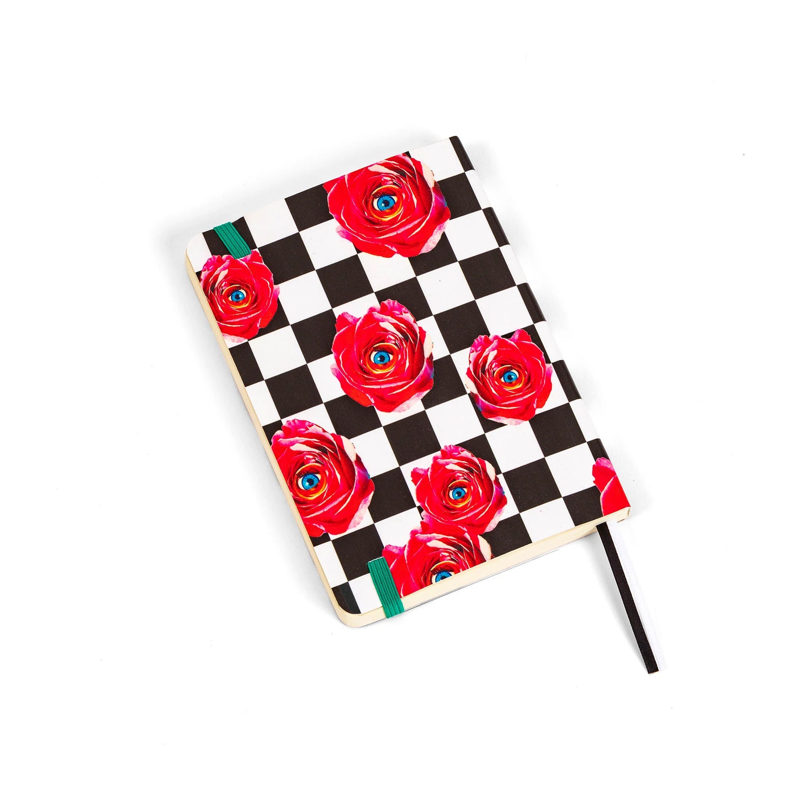 Retro del notebook Roses della collezione Toiletpaper di Seletti che presenta uno sfondo a scacchi bianco e nero con delle rose rosse con al centro degli occhi azzurri
