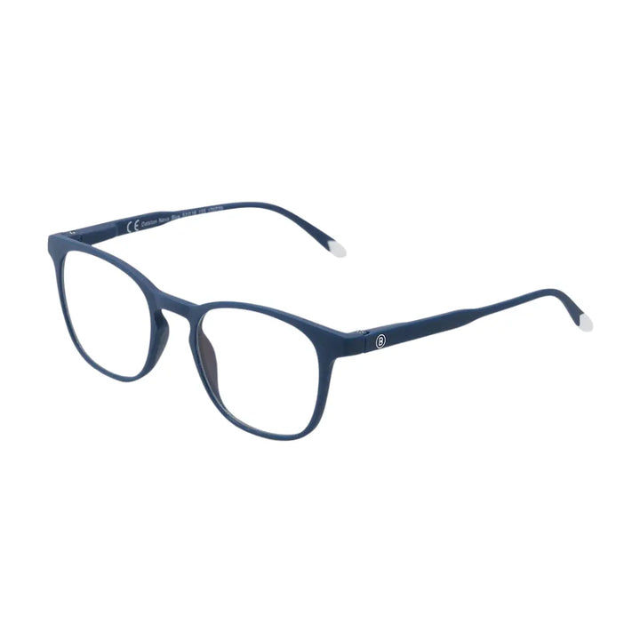 Occhiale da lettura aperto finitura blu Navy opaco. Finale asta e scritte bianche. Sfondo bianco