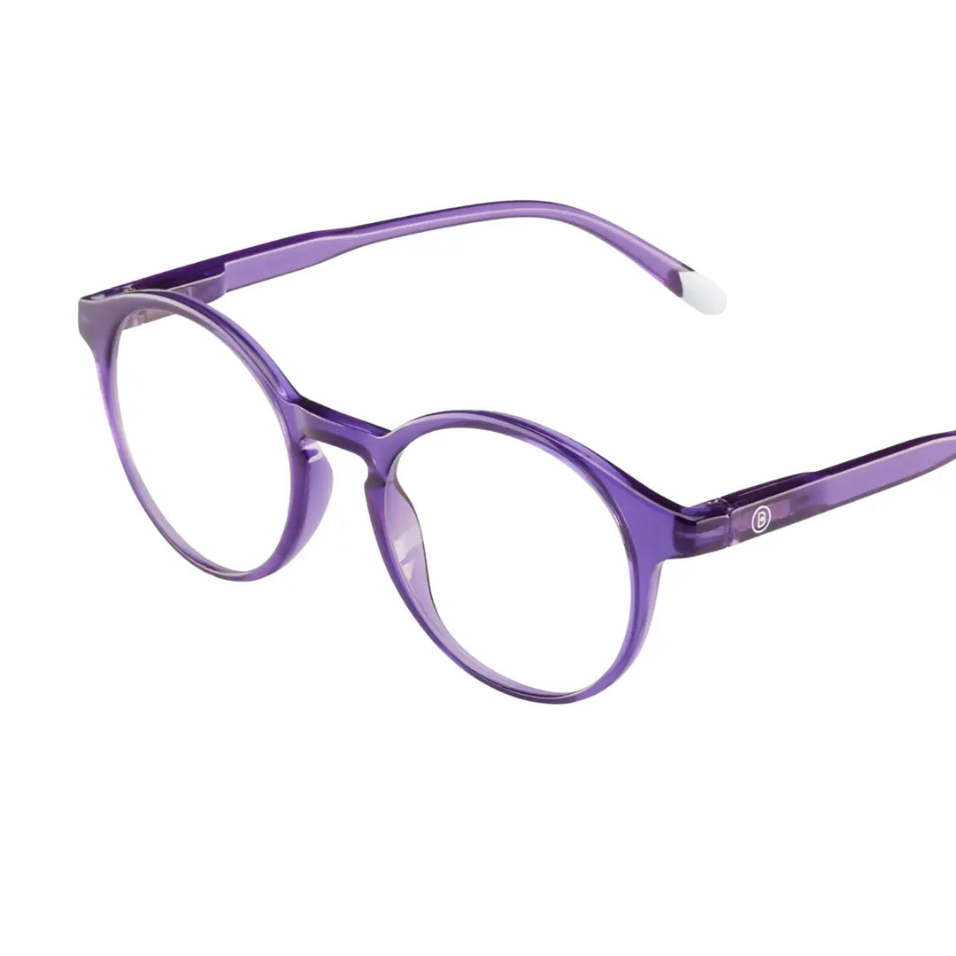 Occhiale da lettura aperto finitura viola lucida. Finale asta e scritte bianche. Sfondo bianco