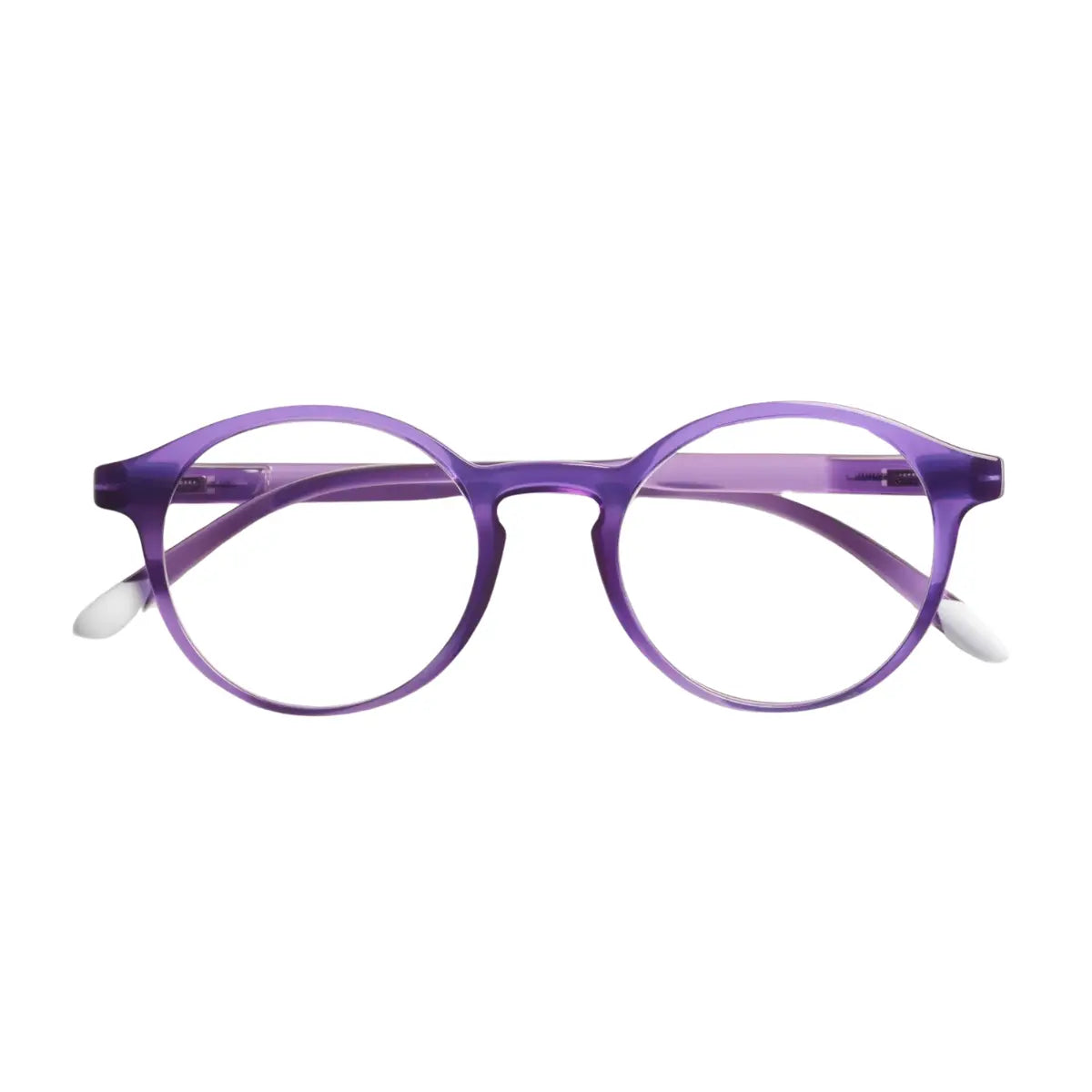 Occhiale da lettura chiuso finitura viola lucida. Finale asta e scritte bianche. Sfondo bianco
