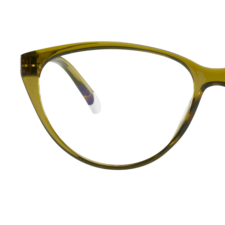 Dettaglio lente occhiale da lettura protezione luci blu montatura verde lucida.