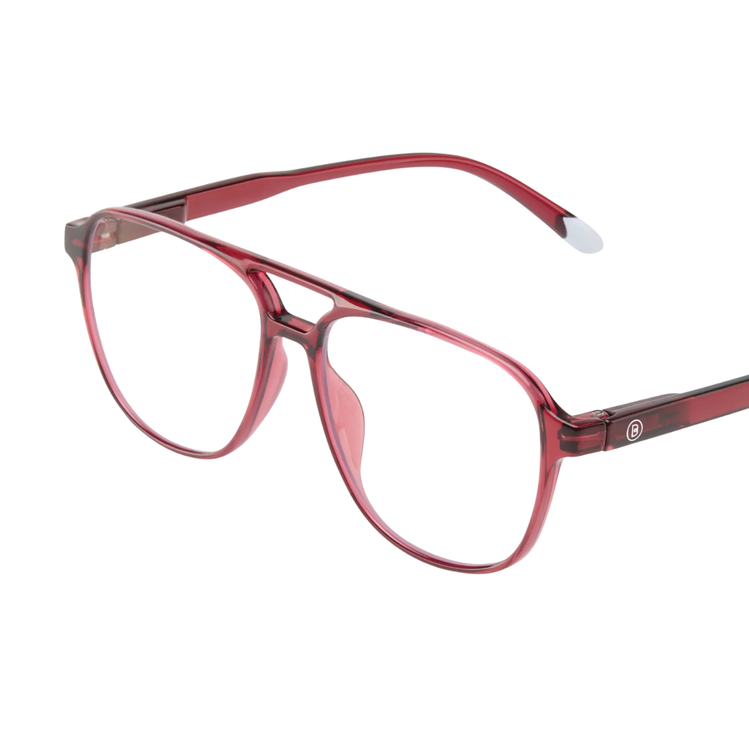 Occhiale da lettura protezione luci blu montatura bordeaux lucida fine. Sfondo bianco