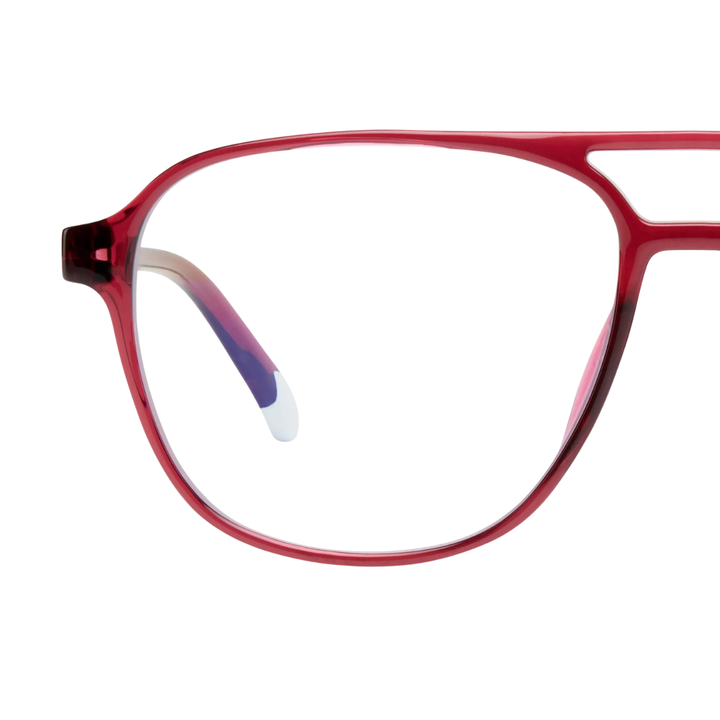 Dettaglio lente occhiale da lettura protezione luci blu montatura bordeaux lucida fine.