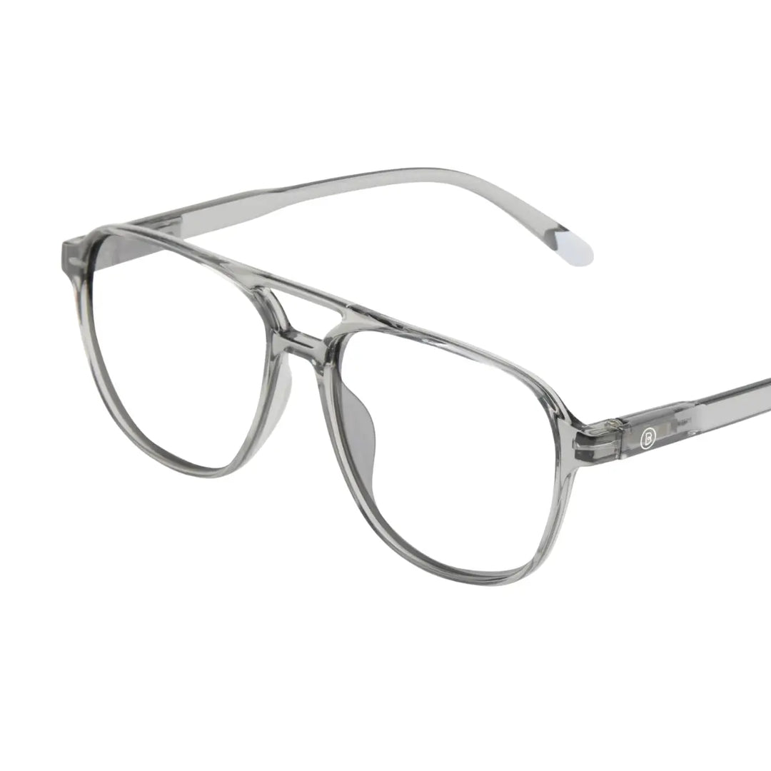 Occhiale da lettura protezione luci blu, lente graduata montatura trasparente lucida. Sfondo bianco