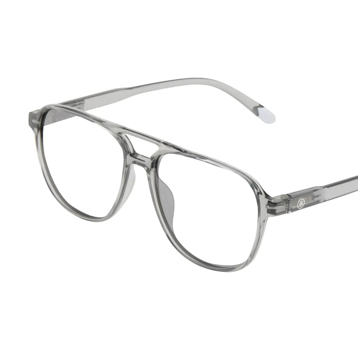 Occhiale da lettura protezione luci blu, lente graduata montatura trasparente lucida. Sfondo bianco