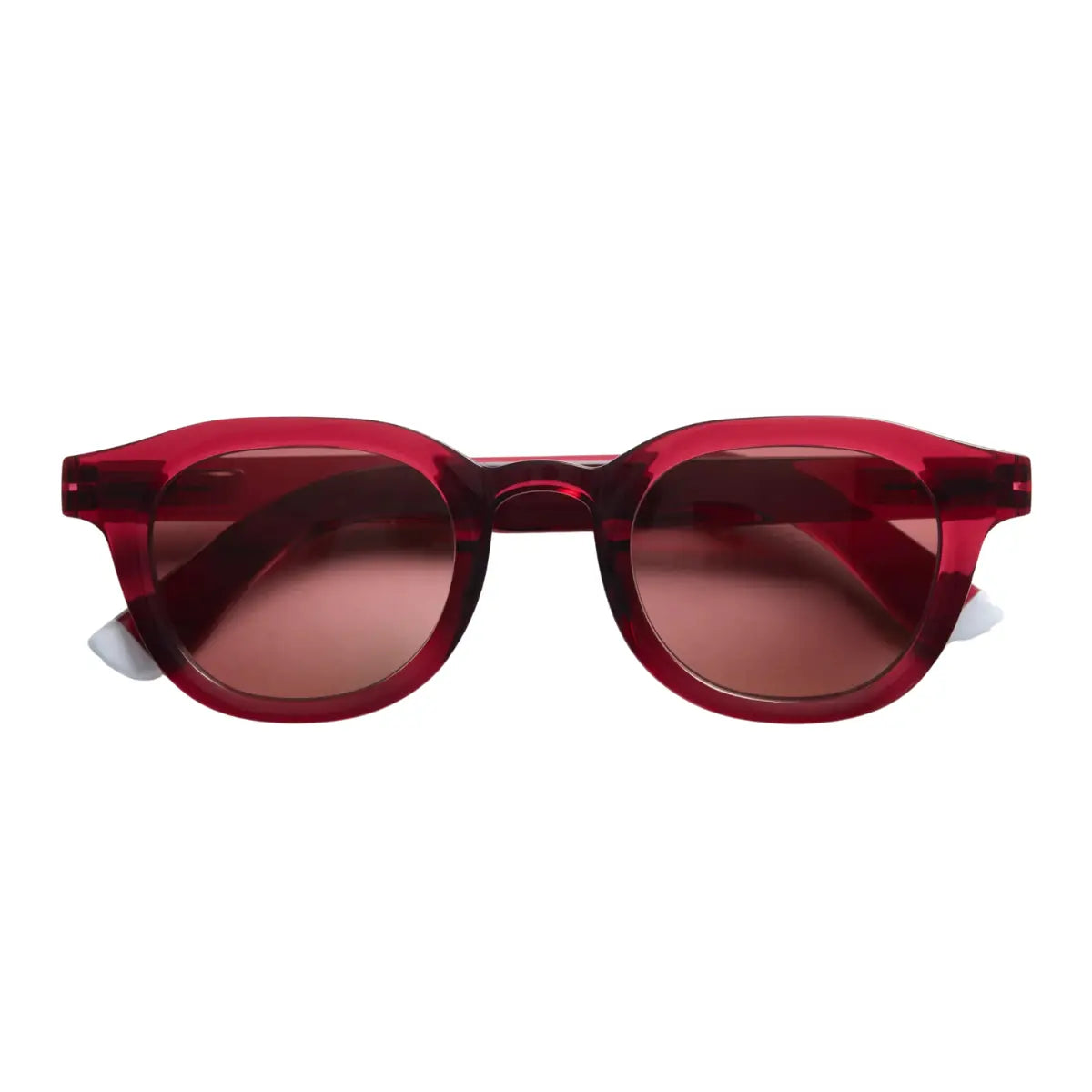 Occhiale da sole montatura bordeaux lucida con lente rosa. Sfondo bianco