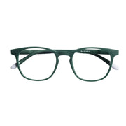 Occhiale da lettura chiuso finitura liscia verde. Finale asta e scritta Barner bianca.