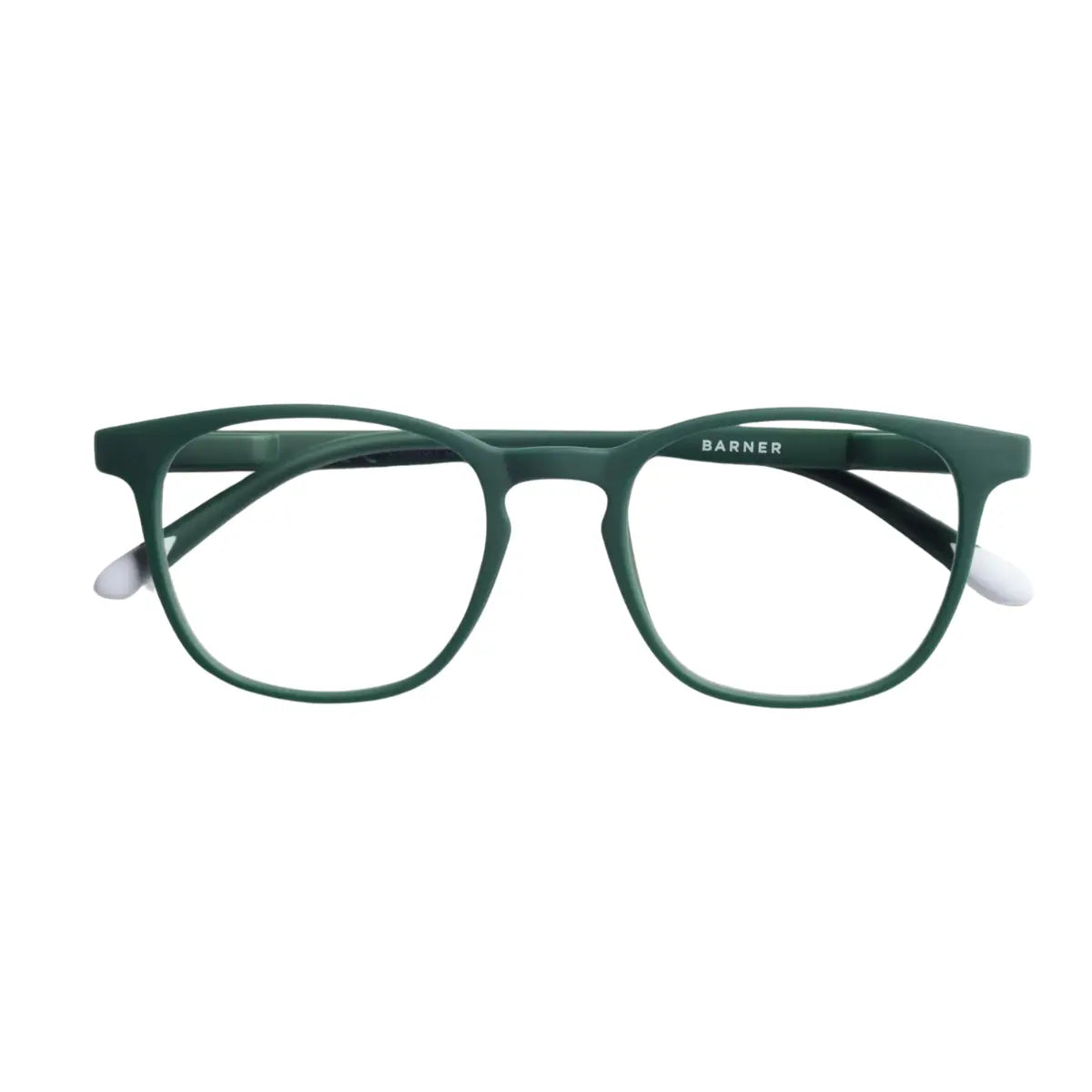 Occhiale da lettura chiuso finitura liscia verde. Finale asta e scritta Barner bianca.