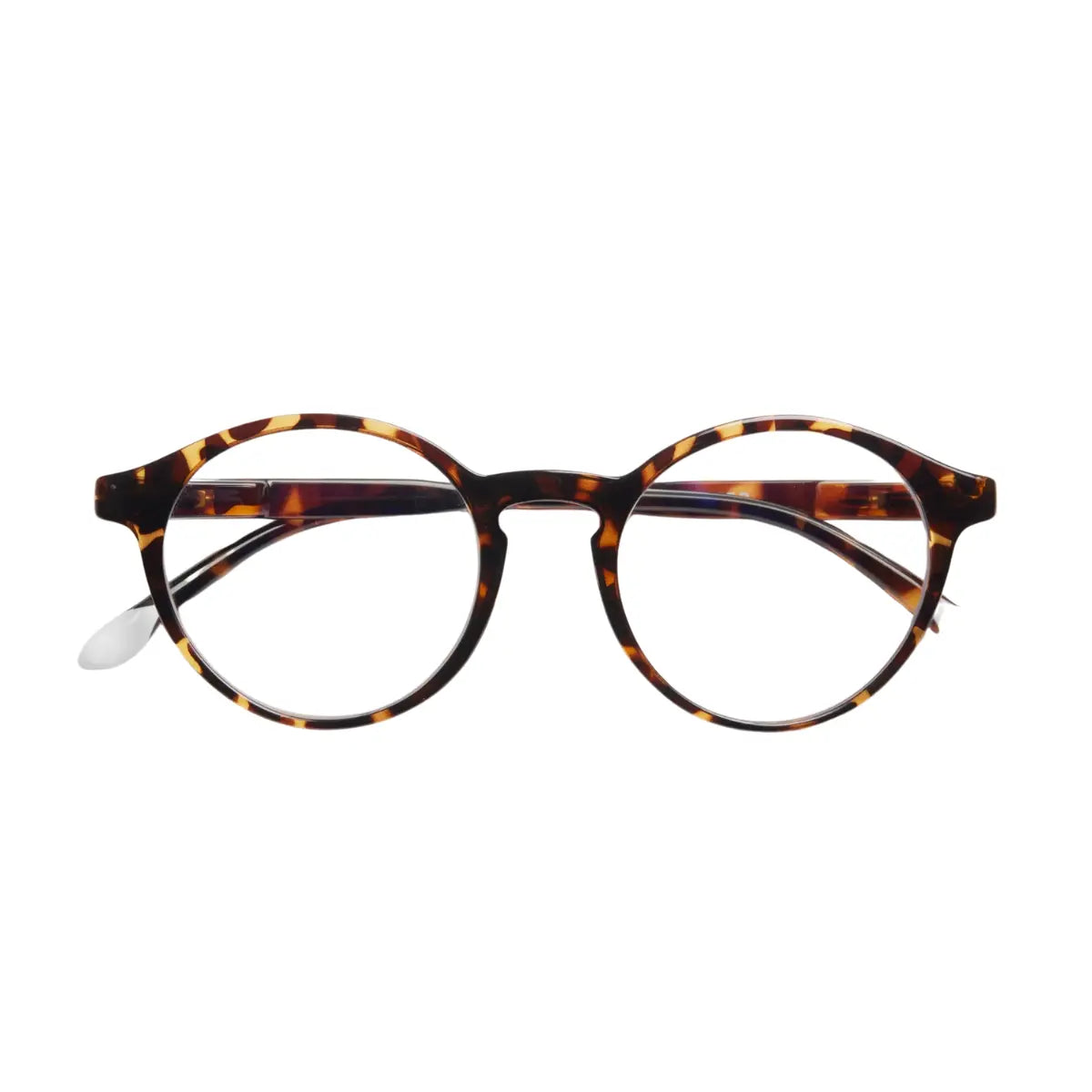 Occhiale da lettura chiuso finitura tartaruga marrone lucida. Finale asta e scritta Barner bianca.