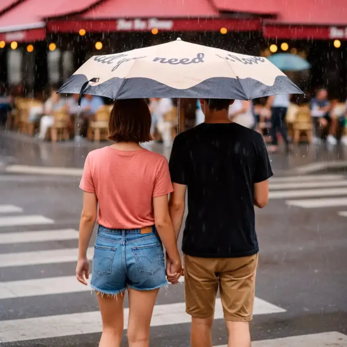 Una coppia per mano sotto all'ombrello tascabile doppio all you need is love. Stanno attraversando la strada sotto alla pioggia