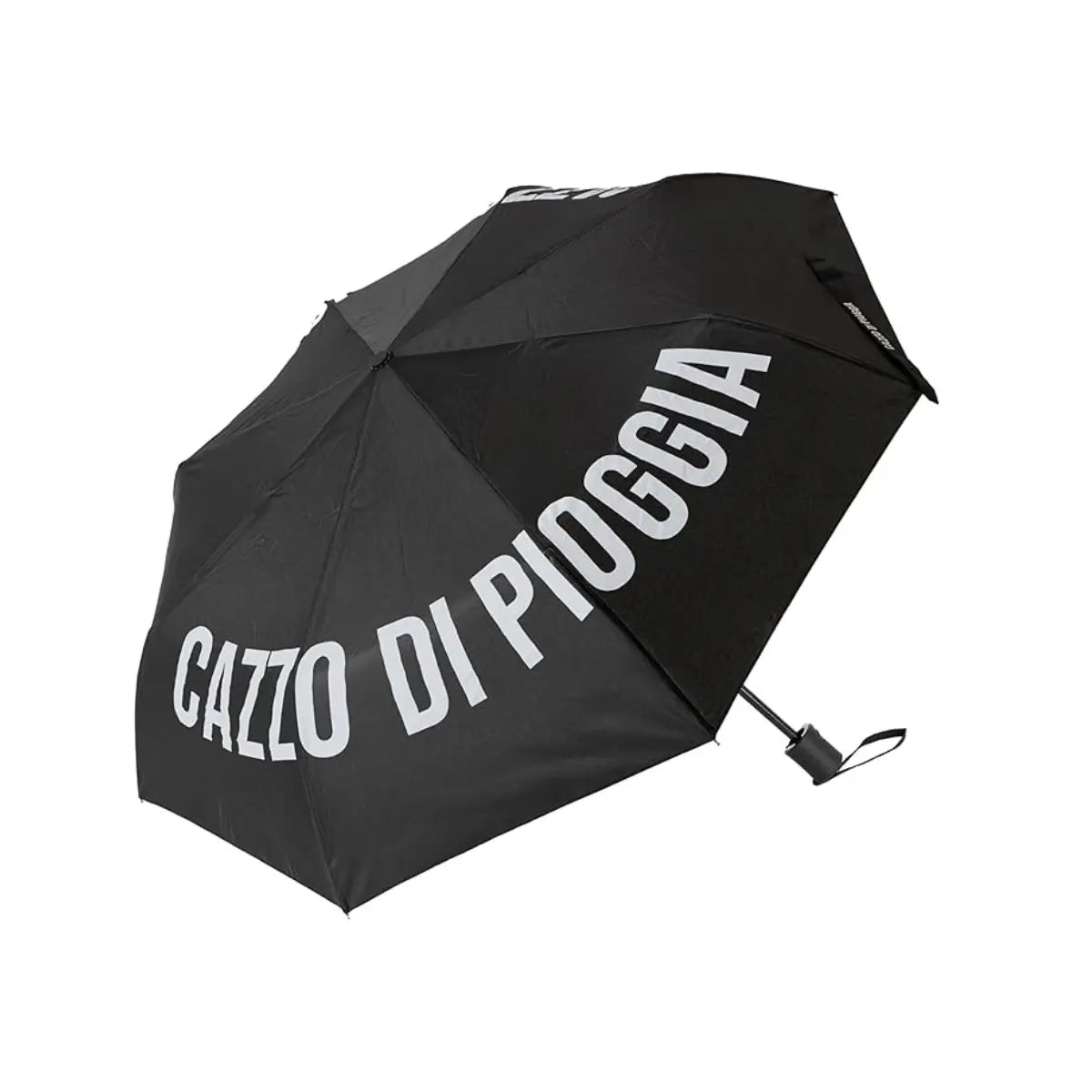 Ombrello tascabile nero con scritta bianca Cazzo di pioggia. Immagine su sfondo bianco