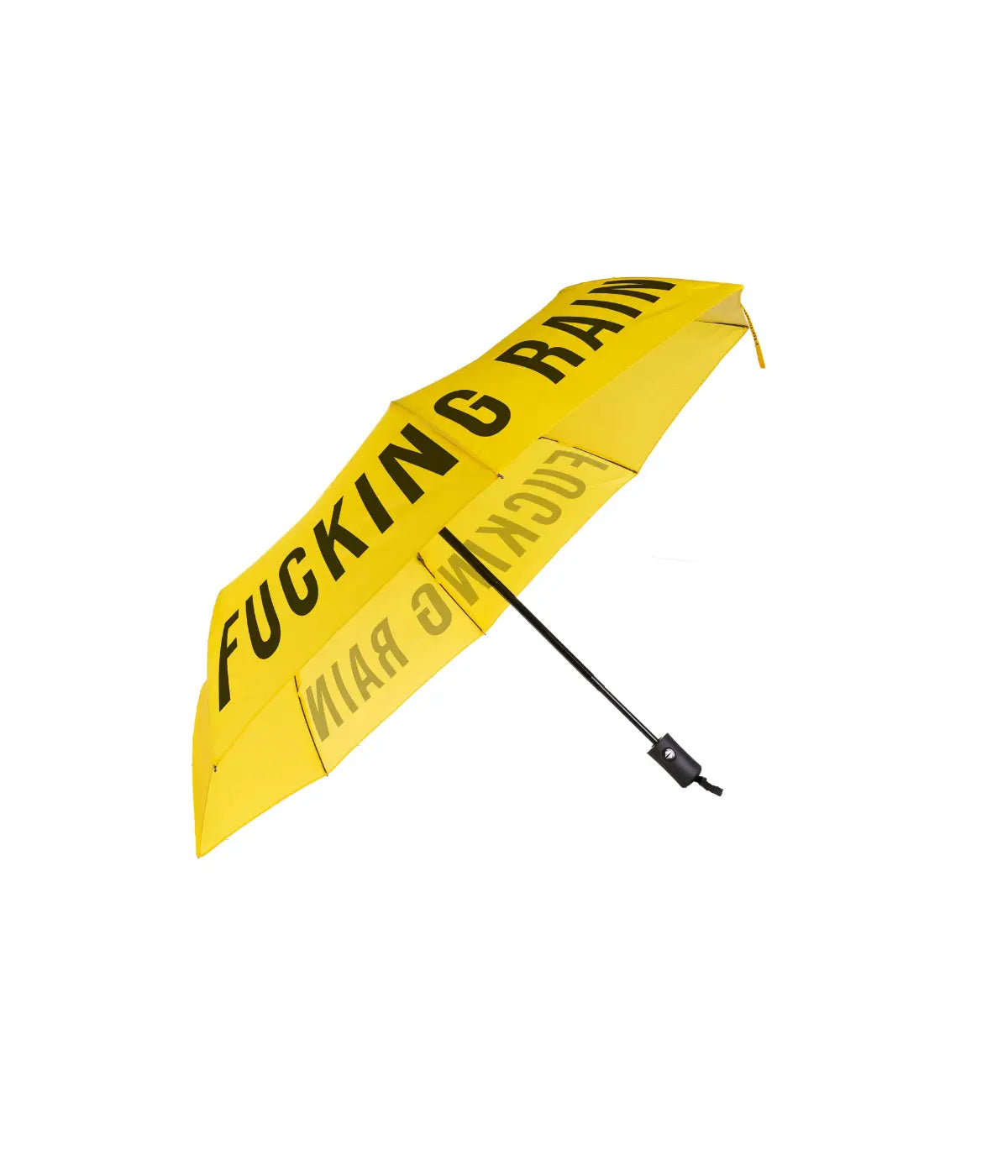 Ombrello tascabile giallo con scritta Nero Fucking Rain. Immagine su sfondo bianco
