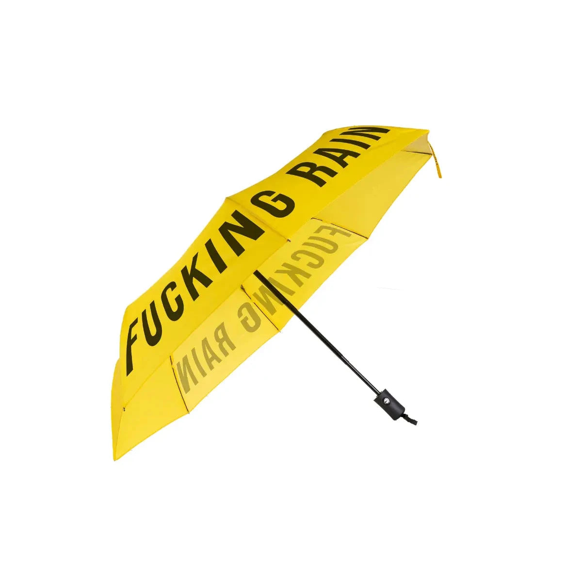 Ombrello tascabile giallo con scritta Nero Fucking Rain. Immagine su sfondo bianco