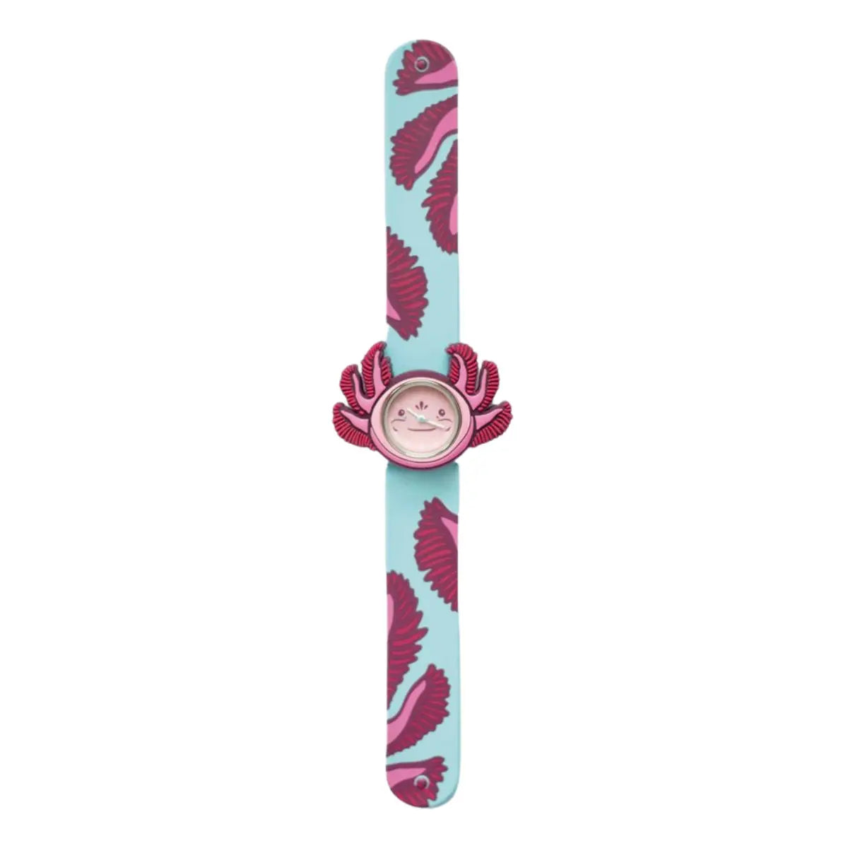 Orologio slap con Axolotl rappresentato. Il cinturino ha sfondo azzurro con dei dettagli rosa e viola che riprendono alcuni dettagli dell'animale. Sfondo bianco