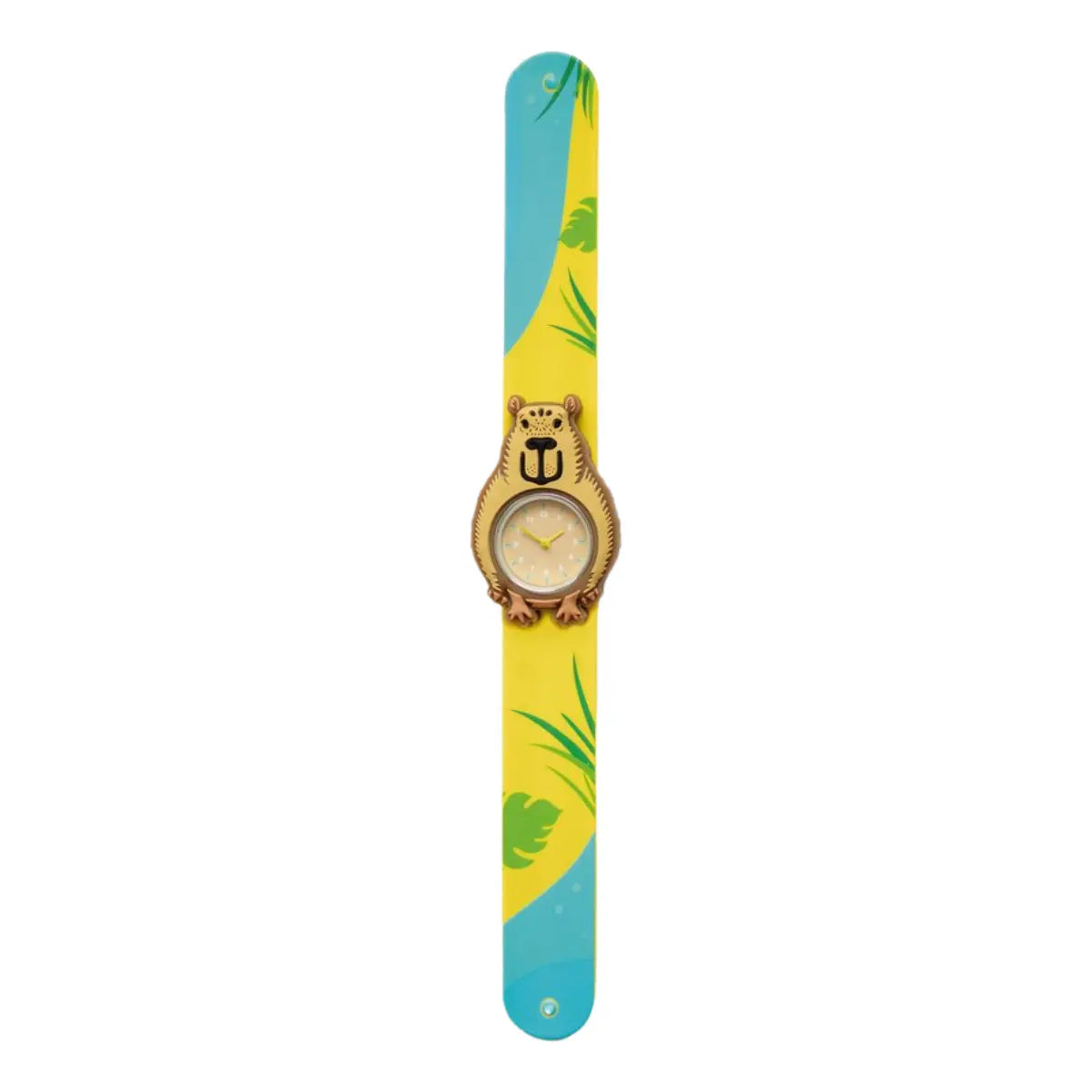 Orologio slap con Capibara rappresentato. Il cinturino dell'orologio è giallo e azzurro per rappresentare una spiaggia e il mare con delle foglie verdi. Sfondo bianco