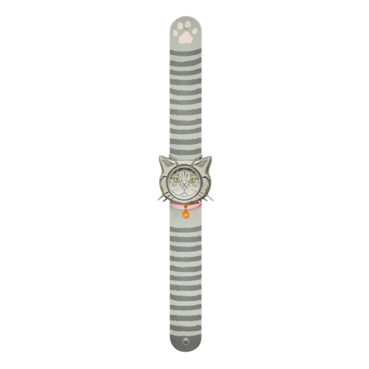 Orologio slap Gatto. Il cinturino dell'orologio è di due tonalità di grigio per rappresentare il manto del gatto. All'estremo del cinturino c'è una zampa rosa. Sfondo bianco