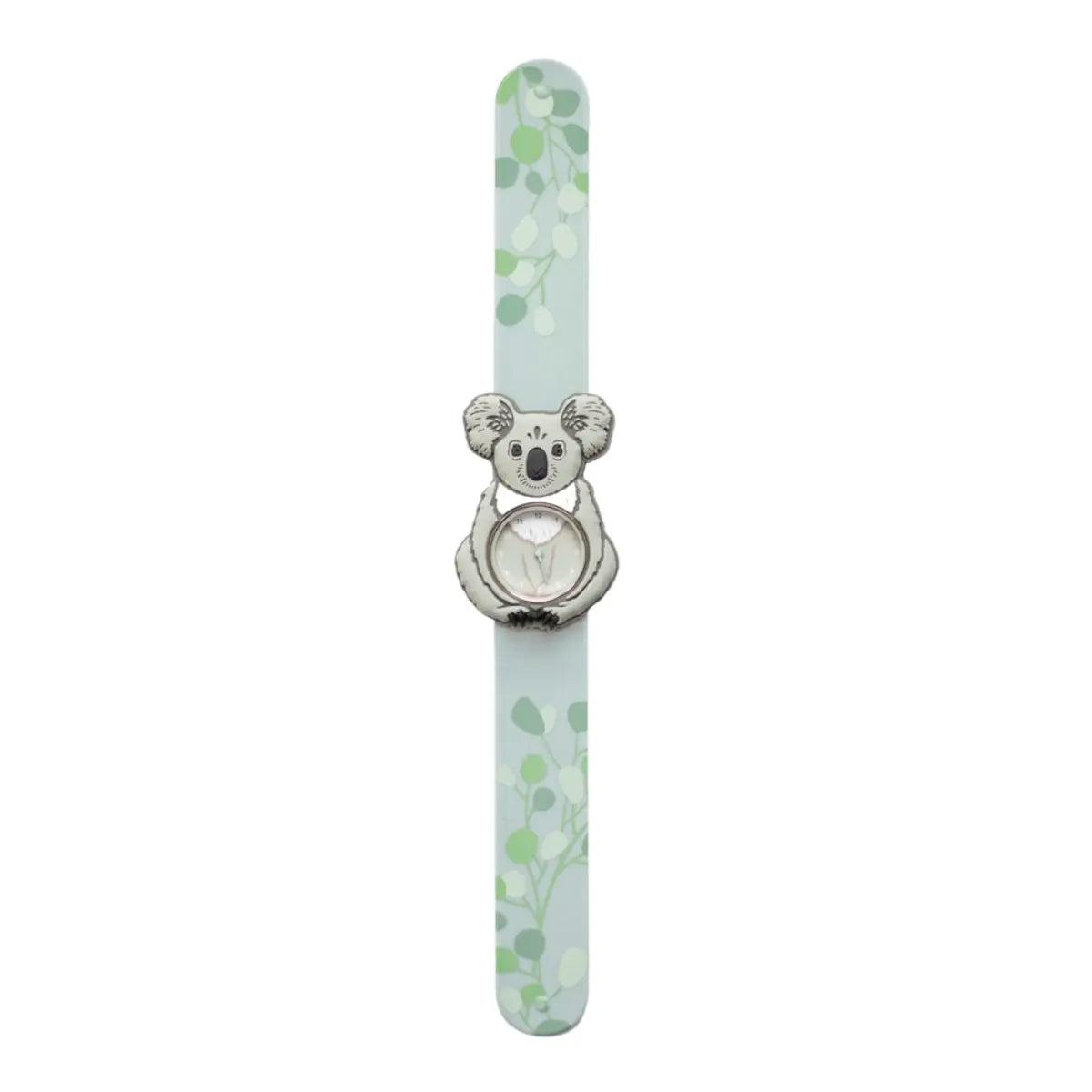 Orologio slap con Koala rappresentato. Il cinturino dell'orologio è azzurro/grigio chiaro con delle foglie di eucalipto di diverse sfumature di verde. Sfondo bianco