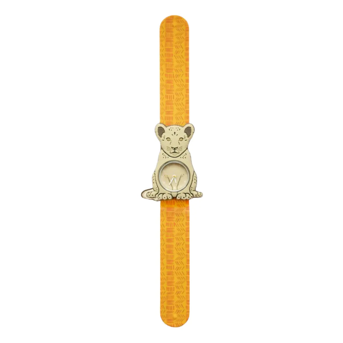 Orologio slap con Leoncino raffigurato. Il cinturino giallo presenta una fantasia arancione. Sfondo bianco