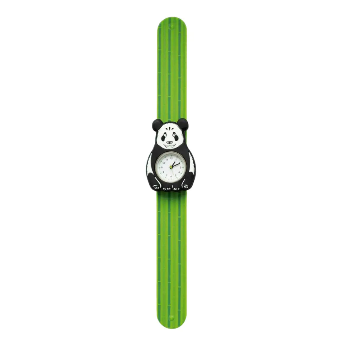 Orologio Slap con un Panda raffigurato. Il cinturino verde richiama la trama delle canne di bambù. Sfondo bianco