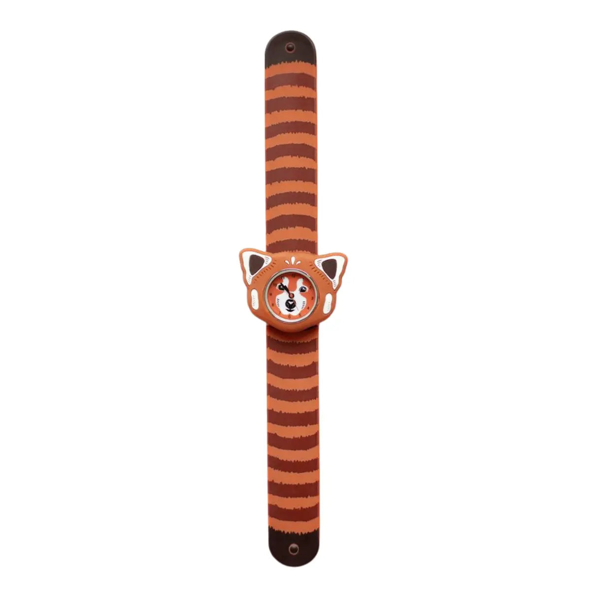 Orologio slap con un Panda Rosso raffigurato. Il cinturino presenta una fantasia rossa e arancione che riprende il manto del panda rosso. Sfondo bianco